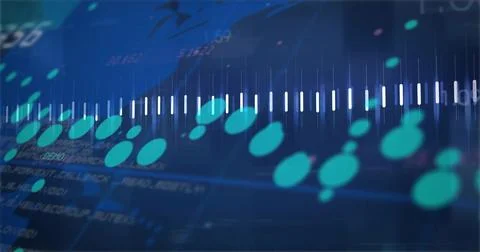 Displaying central white-bar waveform moving on dark-blue screen, with teal Stock Photos