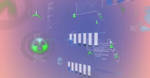 Displaying central white-blue chart cluster pulsing on gradient interface, with Foto stock