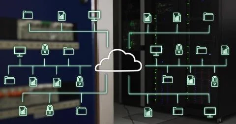 Displaying central white cloud overlay spanning server room racks, with teal Stock Illustration