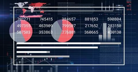 Displaying central white data panel showing dual pie charts bars line and Illustrazione stock