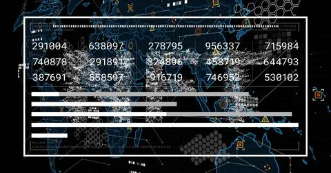 Displaying central white data panel over blue world map, showing numeric Stock Photos