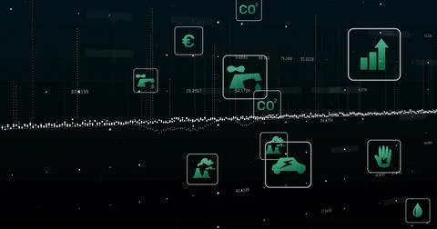 Displaying central white dotted waveform moving along dashboard, with green CO2, Ilustración de archivo