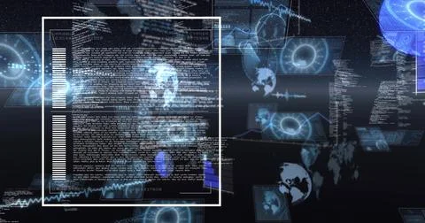 Displaying central white-framed HUD panel in 3D data space, with holographic Stock Illustration