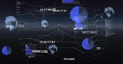 Displaying central white line graphs and blue pie charts in virtual 3D data s 스톡 일러스트