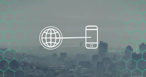 Displaying central white link graphic over hazy coastal skyline with globe, Stock Photos