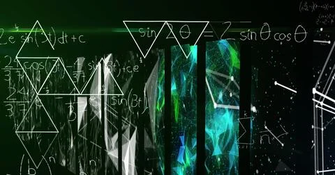 Displaying central white math formulas and green-blue mesh in digital interface, Stockfoto's