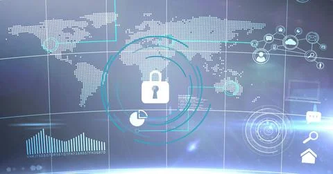 Displaying central white padlock pulsing over security panel, showing turquoise Stock Illustration