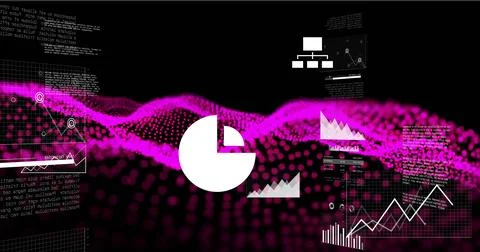 Displaying central white pie-chart icon hovering in virtual 3D data dashboard, Stock Photos