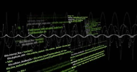 Displaying central white sine wave in black UI, showing floating green syntax Illustrazione stock