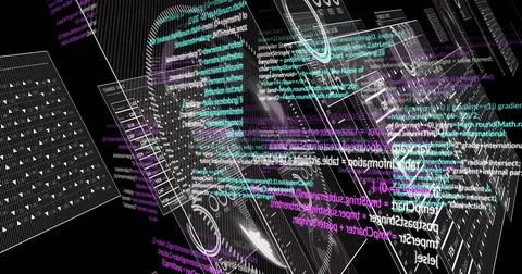 Displaying central wireframe cluster rotating in VR 3D workspace, with cyan Stock Photos