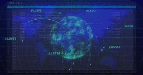 Displaying central wireframe globe on map grid, floating numeric values, SQL Stock Photos
