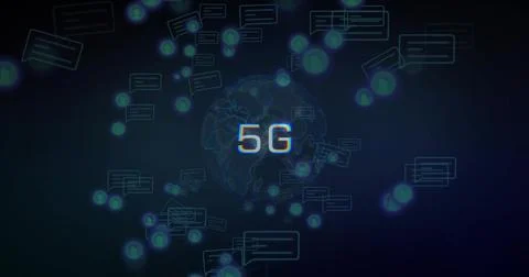 Displaying central wireframe globe over dark background, with 5G text, chat b Illustrazione stock