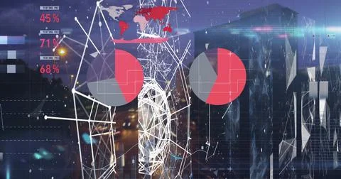 Displaying central wireframe globe over night city skyline, with pie charts, Stock Photos