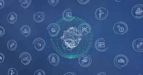 Displaying central wireframe globe pulsing with nodes on blue dashboard, with Stockillustratie