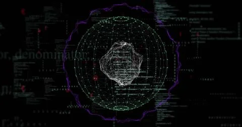 Displaying central wireframe globe pulsing with green nodes in virtual HUD, 스톡 사진