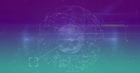 Displaying central wireframe globe rotating on dashboard, with dashed UI イラスト素材