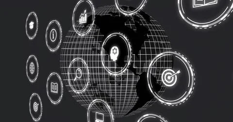 Displaying central wireframe globe rotating in virtual HUD interface, with 스톡 일러스트