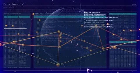 Displaying central wireframe globe rotating over virtual terminal, showing gold Stock Photos