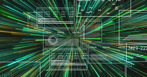Displaying central wireframe keyboard pulsing in dark dashboard, showing reticle 写真素材