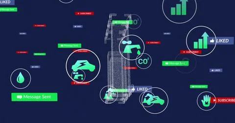 Displaying central wireframe on navy UI, visualizing metrics: car, droplet, CO2 스톡 사진