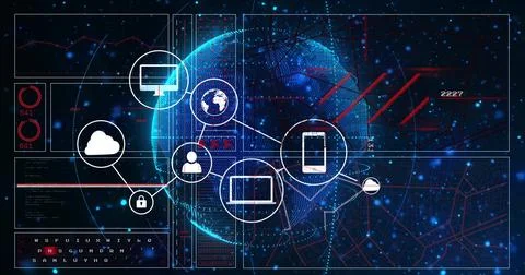 Displaying central wireframe sphere head glowing on network dashboard, showing Stock Illustration