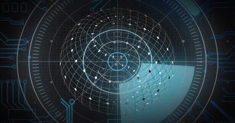 Displaying central wireframe sphere on HUD, showing rings, crosshair, data nodes Stock Photos
