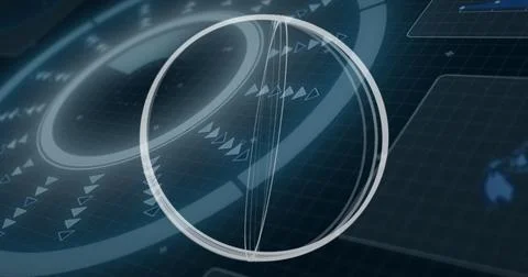 Displaying central wireframe sphere rotating in HUD, with glowing rings arrows Illustrazione stock