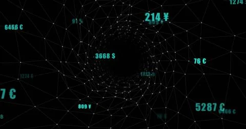 Displaying central wireframe tunnel receding into black void in virtual data, Stock Illustration