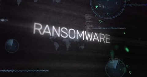 Displaying central word RANSOMWARE blurring over dark security interface, with Stockillustratie
