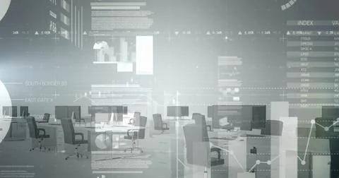 Displaying central workstations projecting data overlays in open-plan office, Stock Photos