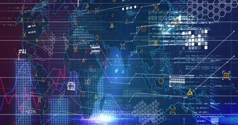 Displaying central world map with hex tiles and connector nodes on dashboard, Stock Photos