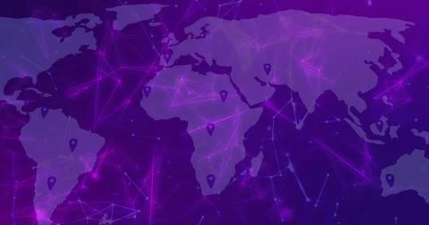 Displaying central world map overlaying neon network in digital design, with Illustrazione stock
