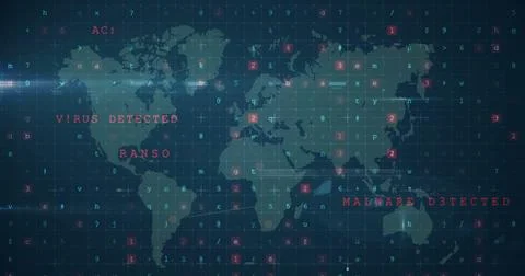 Displaying central world map overlaying data grid in security interface, with 스톡 사진