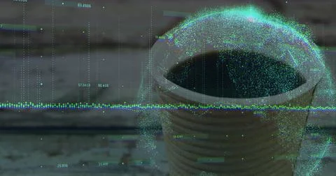 Displaying ceramic coffee cup featuring floating data sphere on rustic wooden Stock Photos