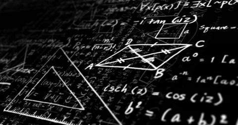 Displaying chalk equations and diagrams covering chalkboard wall, with geometric Stock Illustration
