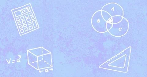 Displaying chalk math doodles on lavender wash, with calculator 2x3, cube, Venn, Stock Illustration