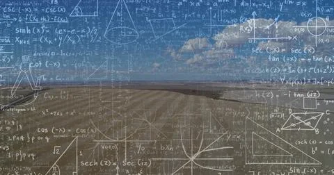 Displaying chalk-style math overlay covering wide arid plain at horizon, with Stock Photos