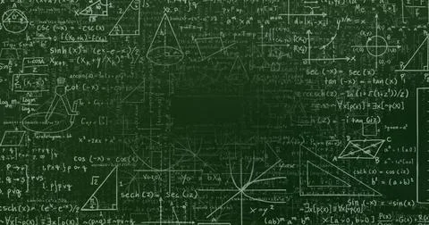Displaying chalkboard filled with integrals, trigonometric diagrams and chalk Illustrazione stock