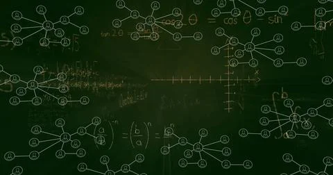 Displaying chalkboard showing mathematical equations and network node diagrams Stock Illustration