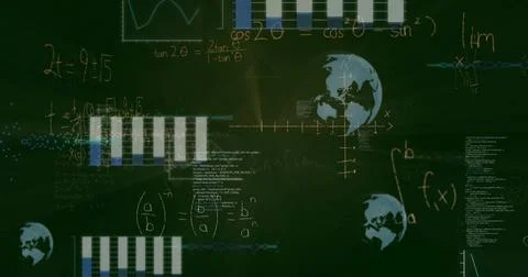 Displaying chalkboard showing written math, integrals f(x), bars, globe icons in 스톡 일러스트