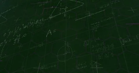 Displaying chalklike formulas and geometric diagrams on green hex grid, Stock Illustration
