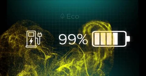 Displaying charging status in digital grid, with EV icon, Eco leaf symbol and Stock Photos