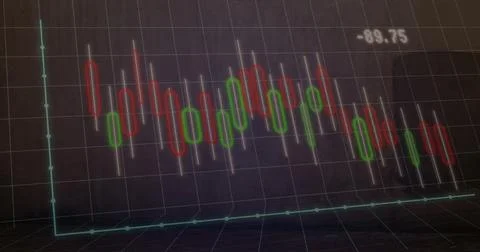 Displaying chart in 3D space, with green and red candlesticks, wicks, polyline, Fotos de archivo