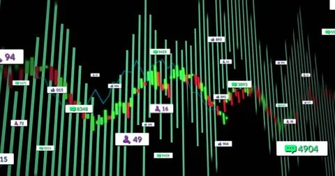 Displaying chart on black screen, with green columns, candlesticks, blue trend Stock Illustration