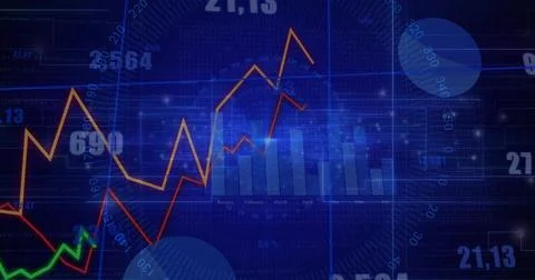 Displaying chart on blue grid with bar graph, orange, red and green lines, nu Stock Photos