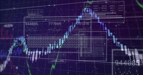 Displaying chart with blue white candlesticks, line graphs, volume bars at Stock Illustration