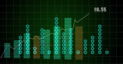 Displaying chart on dashboard, teal and brown bars, cyan markers, red zigzag, Stock Photos