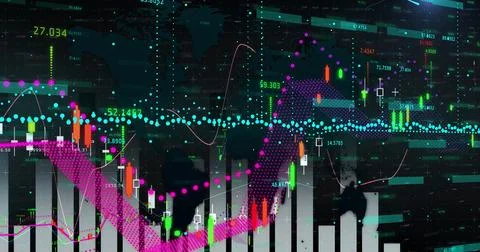 Displaying chart featuring candlestick bars and trend lines on trading platform, Foto stock