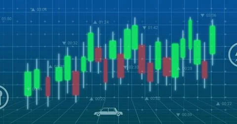 Displaying chart featuring colored candlesticks with timestamps on trading 스톡 사진