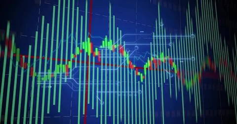 Displaying chart filling screen, showing green bars, red-and-green line, bold Stock Illustration